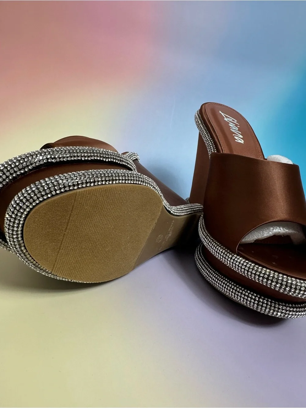 Liliana Bronze Satin Platform Wedge Sandals with Rhinestone Trim